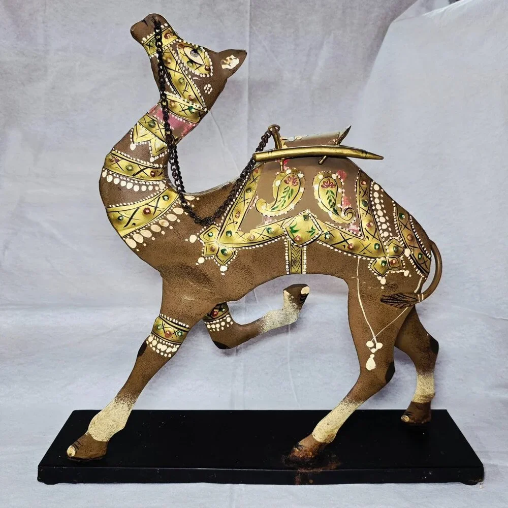 COMING SOON Hand Painted Metal Camel Sculpture Boho Global Bazaar Decor 16” L1/2